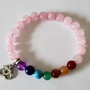 Rose Quartz Chakra Om Charm Gemstone Stretch Bracelet